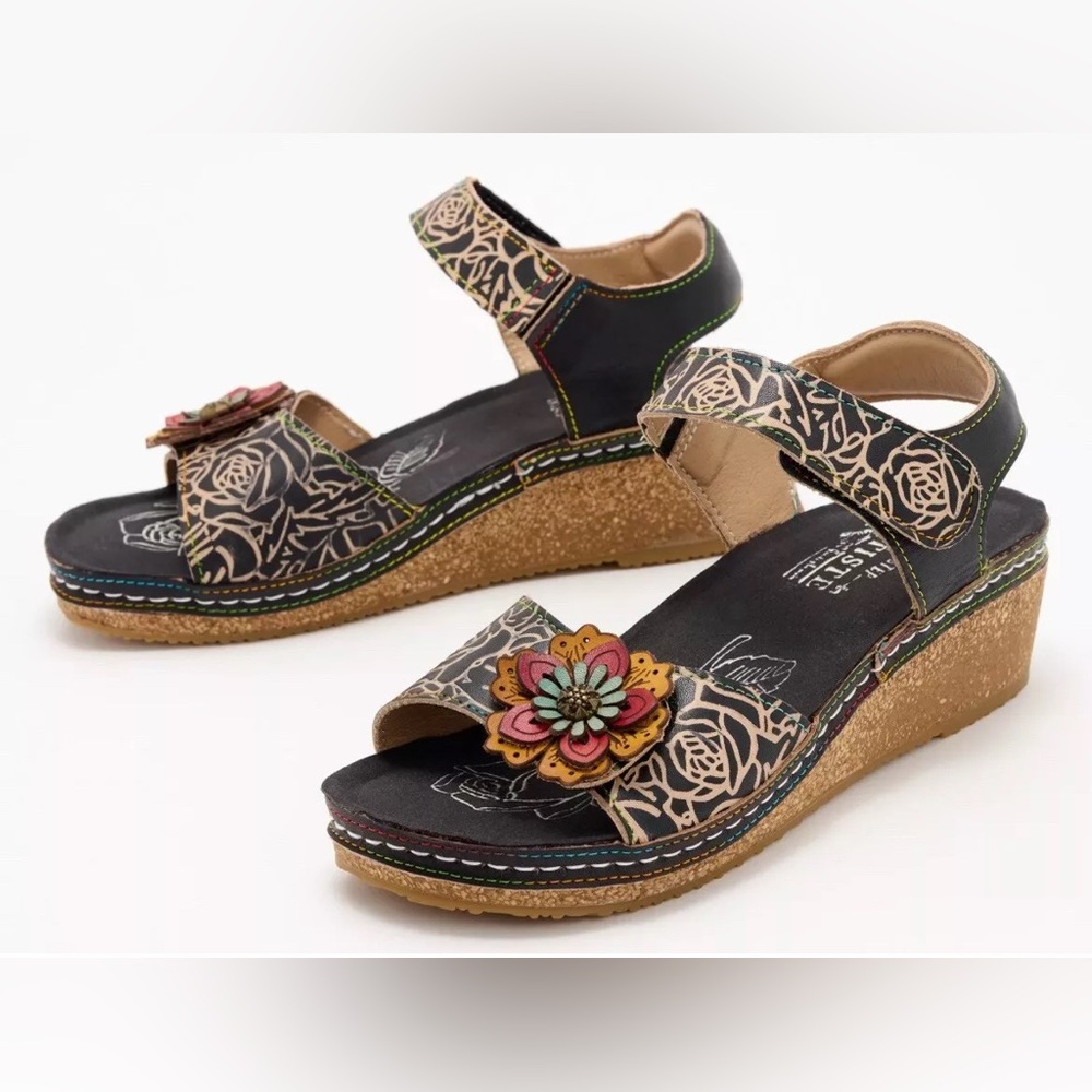 L'Artiste by Spring Step Leather Wedge Sandals Cuteness Black Size 38 (7.5-8)